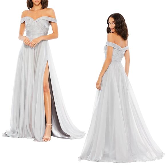 Mac Duggal Off The Shoulder Ruched A Line Gown Pearl Gray Size 18 - Picture 1 of 16